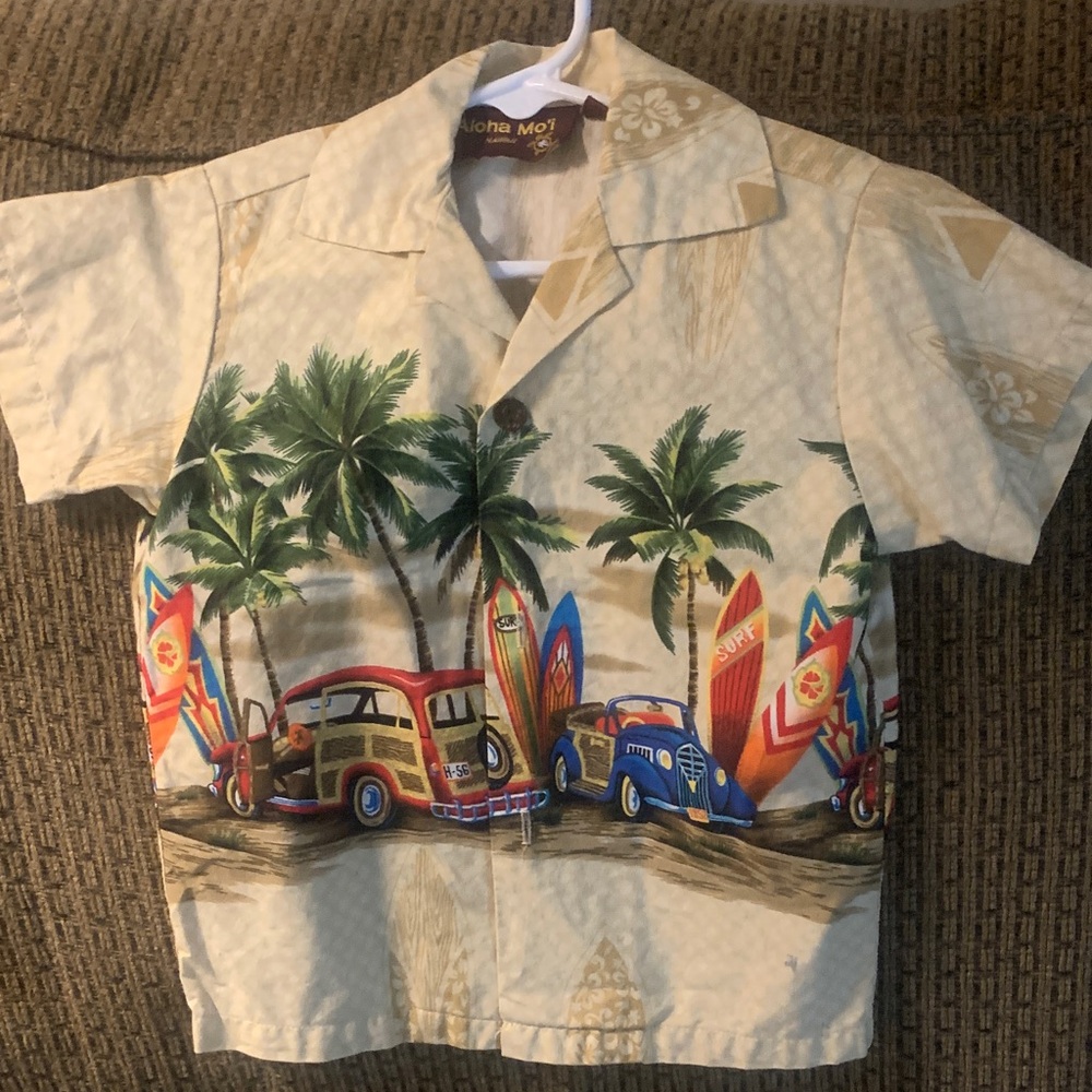 Beige Boys Hawaiian Button-Down Shirt with Palm & Surfboard Print